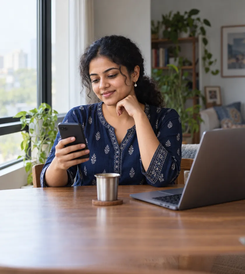 A salaried professional checking her tax on a phone at home